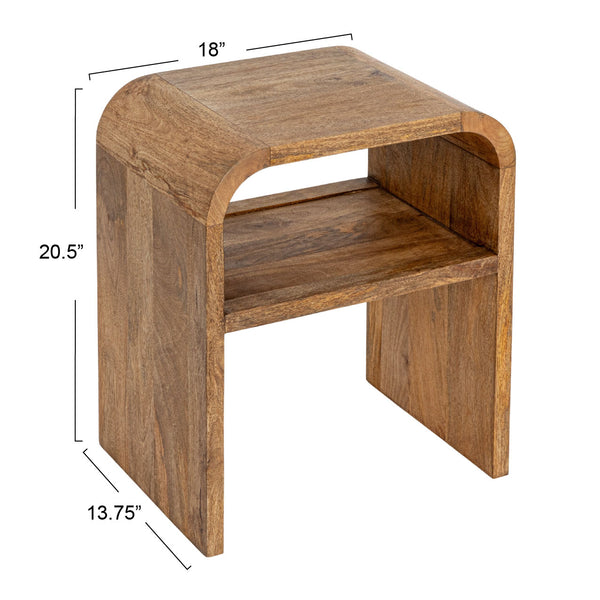 Rowena Interiors Waterfall Edge Solid Mango Wood End Table with Open Shelf for Modern Living Spaces Natural EC1722