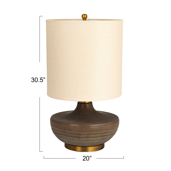 Rowena Interiors 30.5 Inch Sculpted Stoneware Table Lamp with Linen Drum Shade for Organic Modern Decor EC1744