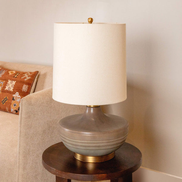 Rowena Interiors 30.5 Inch Sculpted Stoneware Table Lamp with Linen Drum Shade for Organic Modern Decor EC1744