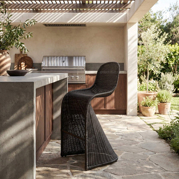 Rowena Interiors Woven Rattan Barstool with S-Curve Metal Frame for Coastal or Farmhouse Kitchens Black EC1770