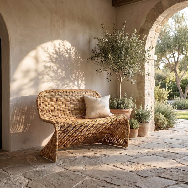 Rowena Interiors Woven Rattan S-Curve Bench Sculptural Accent Seating for Patio Entryway or Bedroom Natural EC1773