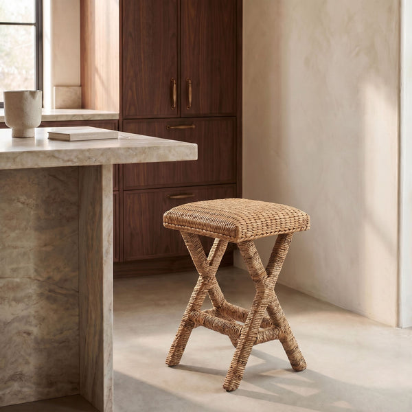 Rowena Interiors Woven Water Hyacinth Counter Stool Natural Fiber Over Solid Wood Boho Kitchen Bar EC1790