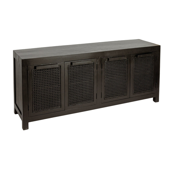 Rowena Interiors Mango Wood Cane Panel Sideboard with Matte Black Finish for Bohemian Living Spaces EC1814