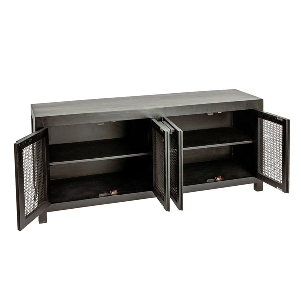 Rowena Interiors Mango Wood Cane Panel Sideboard with Matte Black Finish for Bohemian Living Spaces EC1814