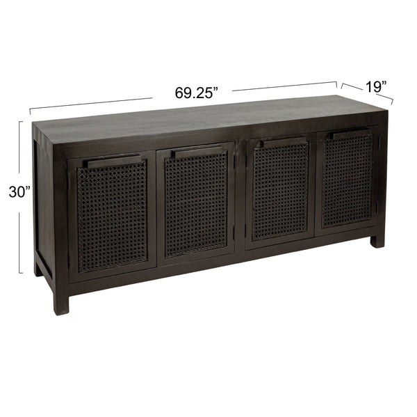 Rowena Interiors Mango Wood Cane Panel Sideboard with Matte Black Finish for Bohemian Living Spaces EC1814