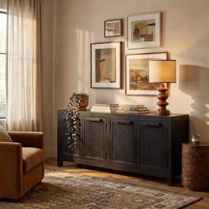 Rowena Interiors Mango Wood Cane Panel Sideboard with Matte Black Finish for Bohemian Living Spaces EC1814