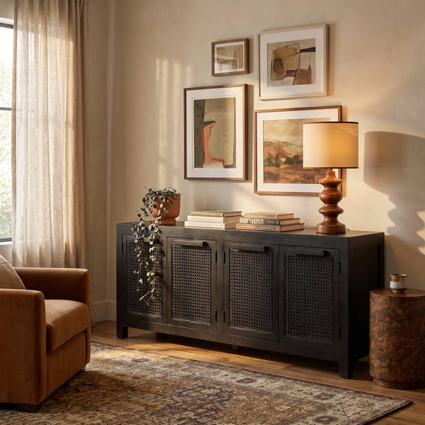Rowena Interiors Mango Wood Cane Panel Sideboard with Matte Black Finish for Bohemian Living Spaces EC1814