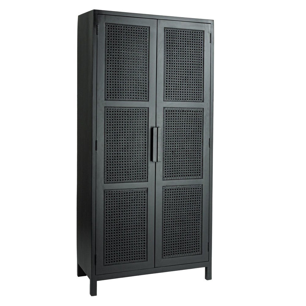 Rowena Interiors Mango Wood Tall Cabinet with Woven Cane Doors Matte Black Bohemian Display Storage EC1816
