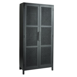Rowena Interiors Mango Wood Tall Cabinet with Woven Cane Doors Matte Black Bohemian Display Storage EC1816