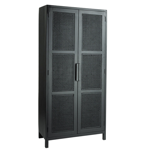 Rowena Interiors Mango Wood Tall Cabinet with Woven Cane Doors Matte Black Bohemian Display Storage EC1816