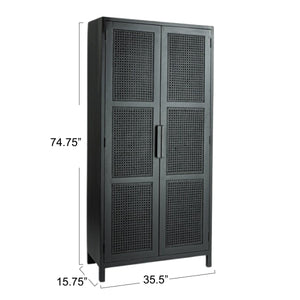 Rowena Interiors Mango Wood Tall Cabinet with Woven Cane Doors Matte Black Bohemian Display Storage EC1816