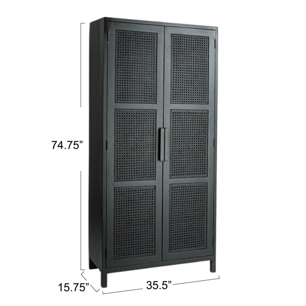 Rowena Interiors Mango Wood Tall Cabinet with Woven Cane Doors Matte Black Bohemian Display Storage EC1816