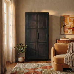 Rowena Interiors Mango Wood Tall Cabinet with Woven Cane Doors Matte Black Bohemian Display Storage EC1816