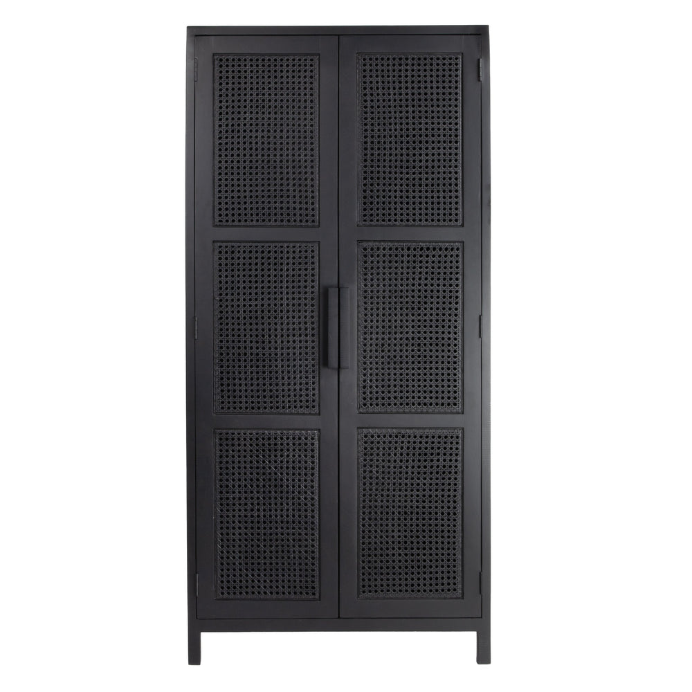 Rowena Interiors Mango Wood Tall Cabinet with Woven Cane Doors Matte Black Bohemian Display Storage EC1816
