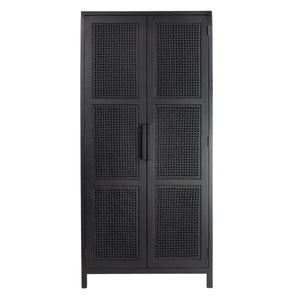 Rowena Interiors Mango Wood Tall Cabinet with Woven Cane Doors Matte Black Bohemian Display Storage EC1816