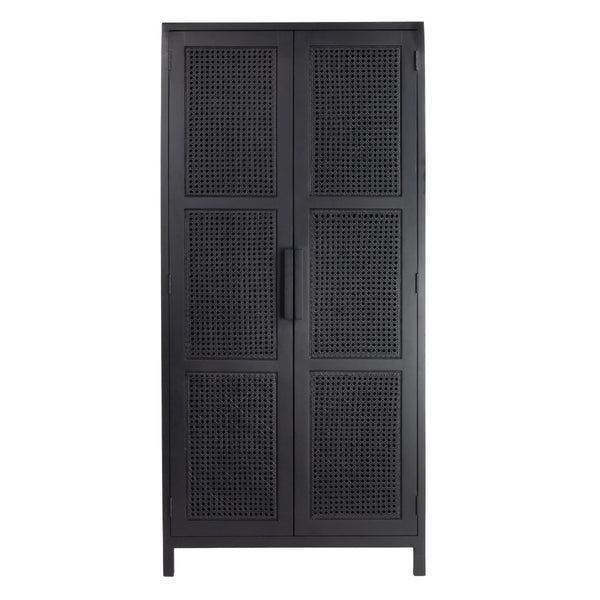 Rowena Interiors Mango Wood Tall Cabinet with Woven Cane Doors Matte Black Bohemian Display Storage EC1816