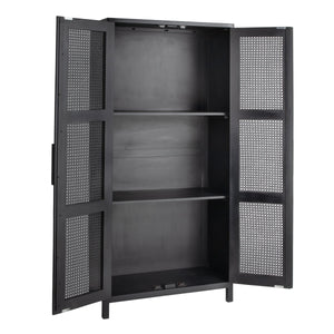 Rowena Interiors Mango Wood Tall Cabinet with Woven Cane Doors Matte Black Bohemian Display Storage EC1816