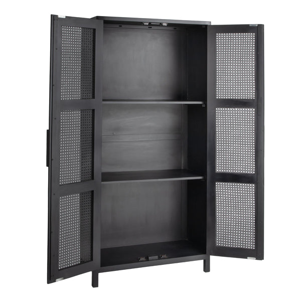 Rowena Interiors Mango Wood Tall Cabinet with Woven Cane Doors Matte Black Bohemian Display Storage EC1816