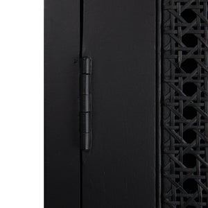 Rowena Interiors Mango Wood Tall Cabinet with Woven Cane Doors Matte Black Bohemian Display Storage EC1816