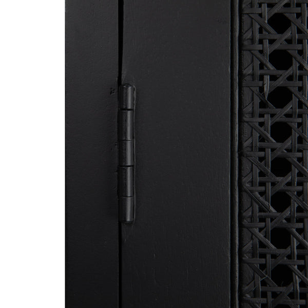 Rowena Interiors Mango Wood Tall Cabinet with Woven Cane Doors Matte Black Bohemian Display Storage EC1816