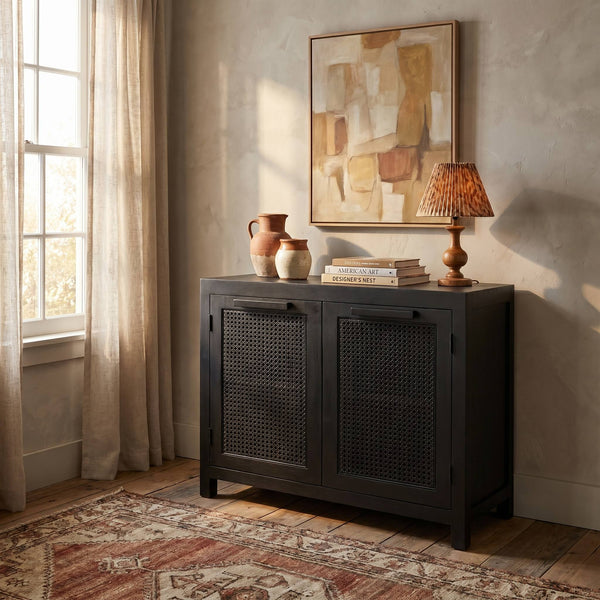 Rowena Interiors Mango Wood Cane Panel Storage Cabinet Bohemian Accent Piece for Living or Dining Rooms EC1818