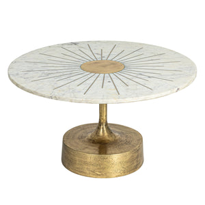 Rowena Interiors Marble Top Round Coffee Table with Gold Sunburst Aluminum Base for Glam Living Rooms EC1822MC