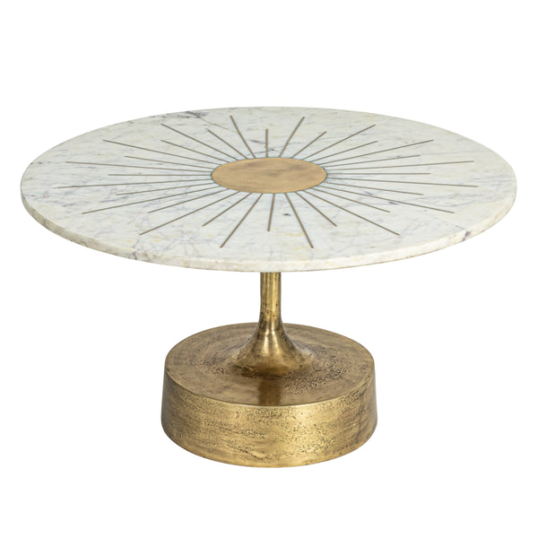 Rowena Interiors Marble Top Round Coffee Table with Gold Sunburst Aluminum Base for Glam Living Rooms EC1822MC