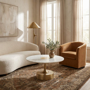 Rowena Interiors Marble Top Round Coffee Table with Gold Sunburst Aluminum Base for Glam Living Rooms EC1822MC