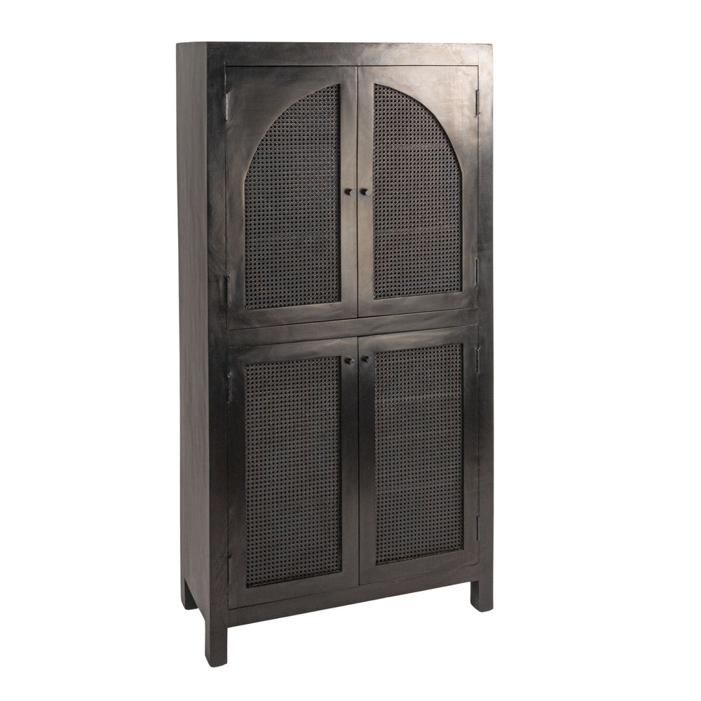 Rowena Interiors Mango Wood Tall Cane Door Storage Cabinet with Arched Panels for Bohemian Living EC1823