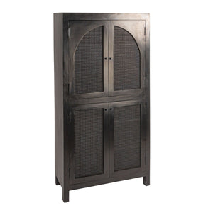 Rowena Interiors Mango Wood Tall Cane Door Storage Cabinet with Arched Panels for Bohemian Living EC1823