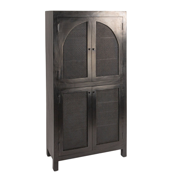 Rowena Interiors Mango Wood Tall Cane Door Storage Cabinet with Arched Panels for Bohemian Living EC1823