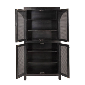 Rowena Interiors Mango Wood Tall Cane Door Storage Cabinet with Arched Panels for Bohemian Living EC1823