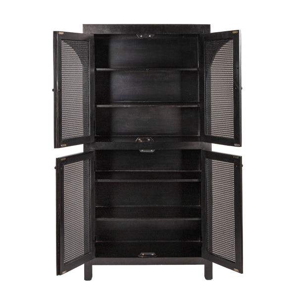 Rowena Interiors Mango Wood Tall Cane Door Storage Cabinet with Arched Panels for Bohemian Living EC1823