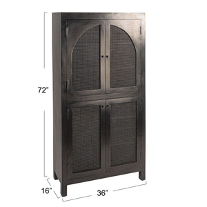 Rowena Interiors Mango Wood Tall Cane Door Storage Cabinet with Arched Panels for Bohemian Living EC1823