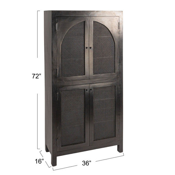 Rowena Interiors Mango Wood Tall Cane Door Storage Cabinet with Arched Panels for Bohemian Living EC1823