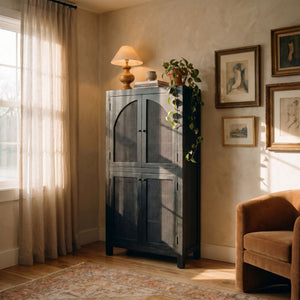 Rowena Interiors Mango Wood Tall Cane Door Storage Cabinet with Arched Panels for Bohemian Living EC1823