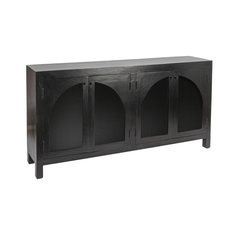 Rowena Interiors Mango Wood Arched Cane Panel Sideboard Black Stained Solid Frame Dining Storage EC1824