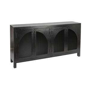 Rowena Interiors Mango Wood Arched Cane Panel Sideboard Black Stained Solid Frame Dining Storage EC1824