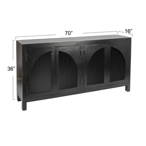 Rowena Interiors Mango Wood Arched Cane Panel Sideboard Black Stained Solid Frame Dining Storage EC1824