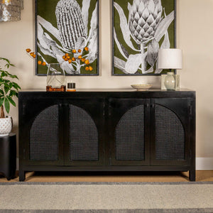 Rowena Interiors Mango Wood Arched Cane Panel Sideboard Black Stained Solid Frame Dining Storage EC1824