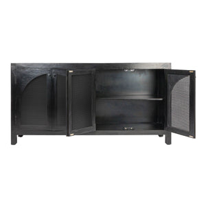 Rowena Interiors Mango Wood Arched Cane Panel Sideboard Black Stained Solid Frame Dining Storage EC1824