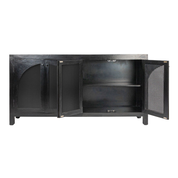 Rowena Interiors Mango Wood Arched Cane Panel Sideboard Black Stained Solid Frame Dining Storage EC1824