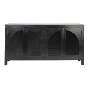 Rowena Interiors Mango Wood Arched Cane Panel Sideboard Black Stained Solid Frame Dining Storage EC1824