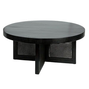 Rowena Interiors Mango Wood Round Coffee Table with Woven Cane Top Low Profile Bohemian Living Room Black EC1825