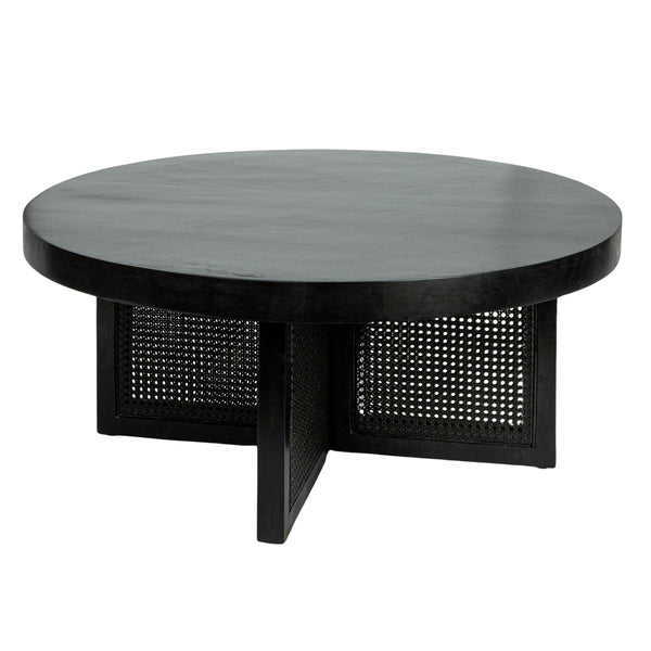 Rowena Interiors Mango Wood Round Coffee Table with Woven Cane Top Low Profile Bohemian Living Room Black EC1825