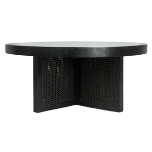 Rowena Interiors Mango Wood Round Coffee Table with Woven Cane Top Low Profile Bohemian Living Room Black EC1825