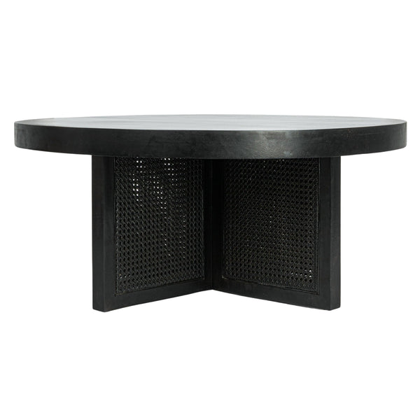 Rowena Interiors Mango Wood Round Coffee Table with Woven Cane Top Low Profile Bohemian Living Room Black EC1825