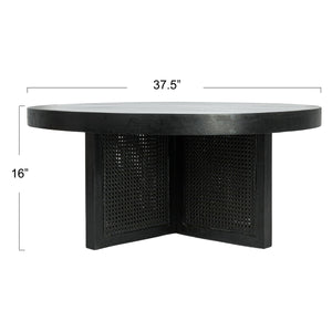 Rowena Interiors Mango Wood Round Coffee Table with Woven Cane Top Low Profile Bohemian Living Room Black EC1825