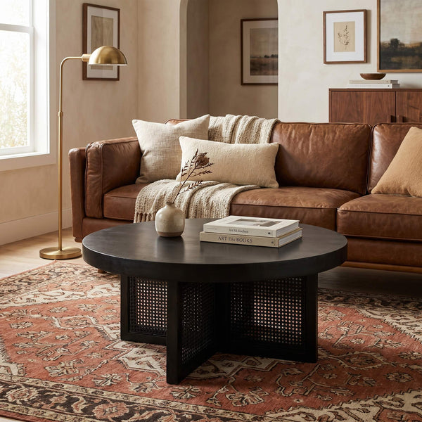 Rowena Interiors Mango Wood Round Coffee Table with Woven Cane Top Low Profile Bohemian Living Room Black EC1825