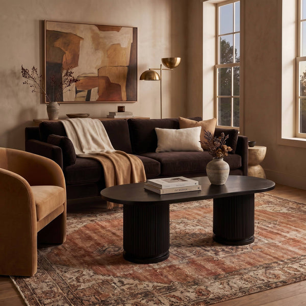 Rowena Interiors Fluted Mango Wood Oval Coffee Table with Double Pedestal Base for Modern Living Black EC1844MC